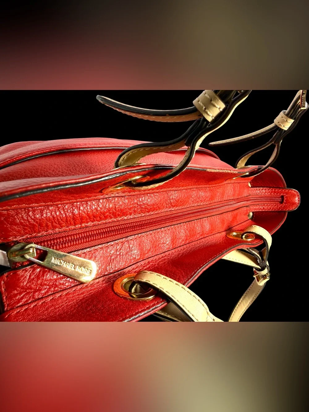 Michael Kors Red Leather Tote with Cream Shoulder Straps